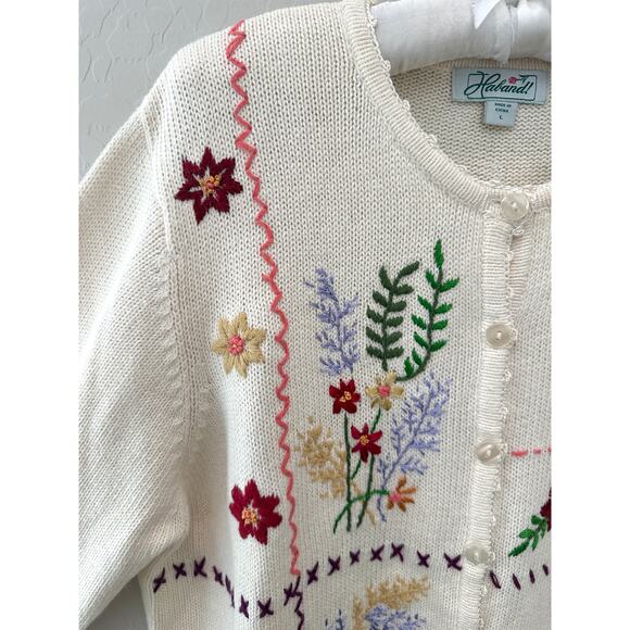 HABAND! | Vintage 90s Floral Embroidered Cream Cardigan Sweater | Size Large - Picture 5 of 10
